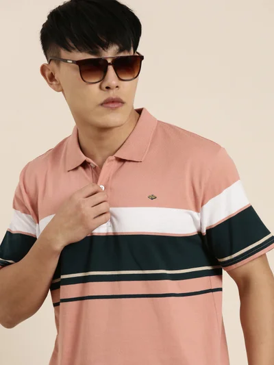 Joven Light Orange Striped Polo T-Shirt for Men